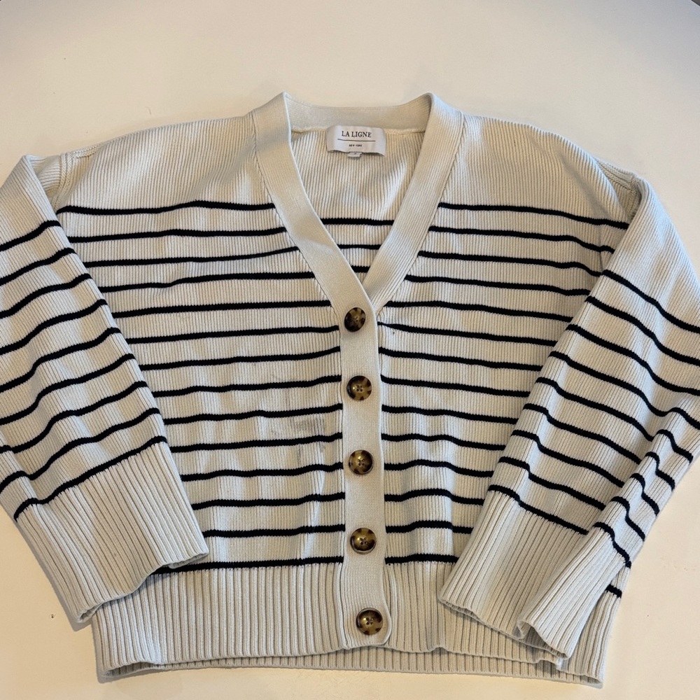 La Ligne Women's Mini Marina Striped Cardigan Sweater - Black and White